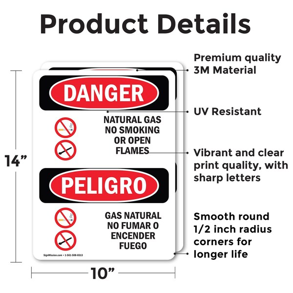 Natural Gas No Smoking Bilingual Danger Sign, Vinyl Decal, 10in W X 14in L, 2PK